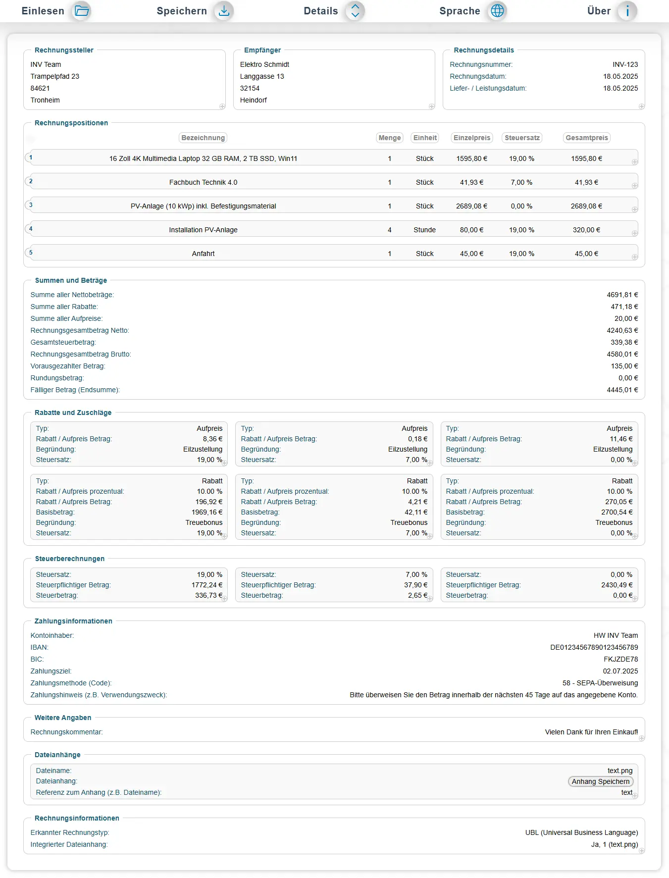 Eingelesene Beispielrechnung